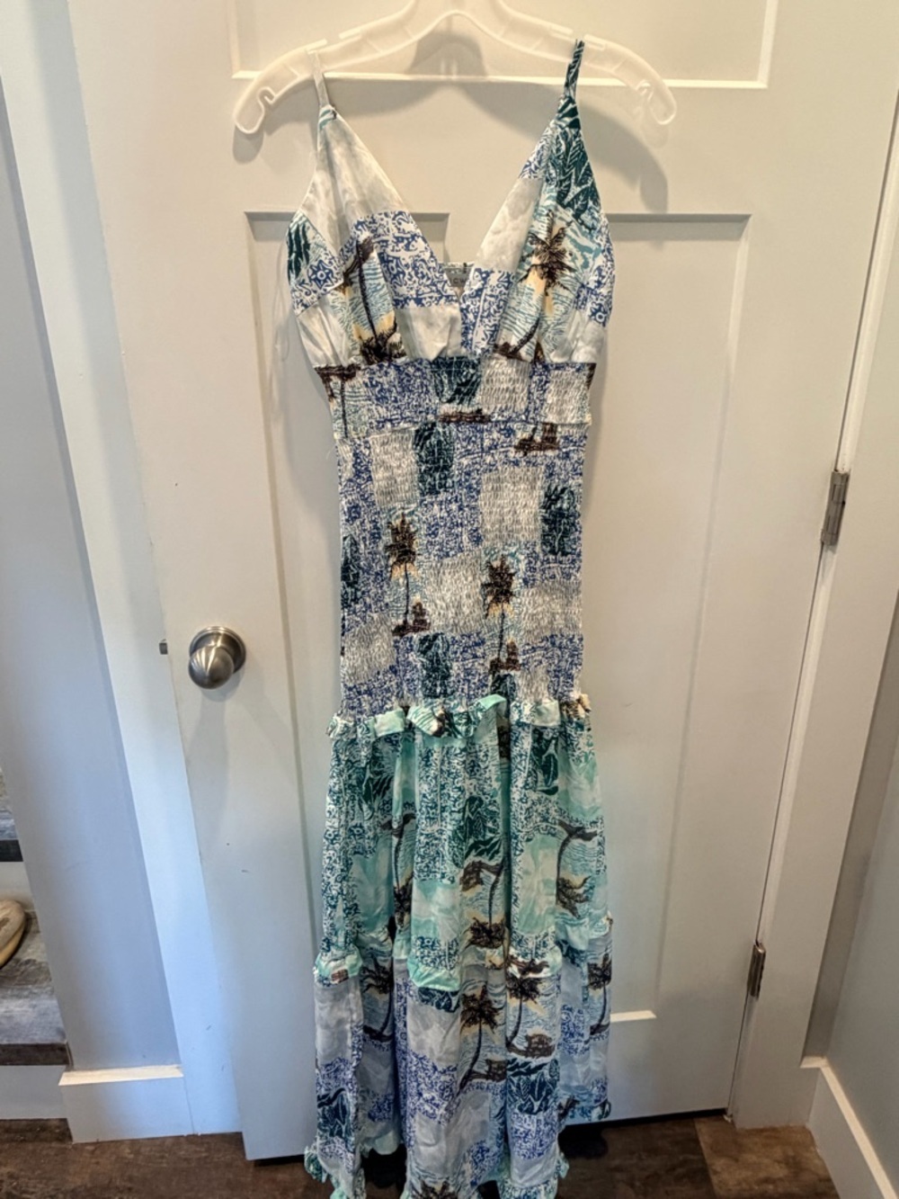 Boho Maxi Dress Medium Blue Green Smocked Waist Tropical Print Spaghetti Strap